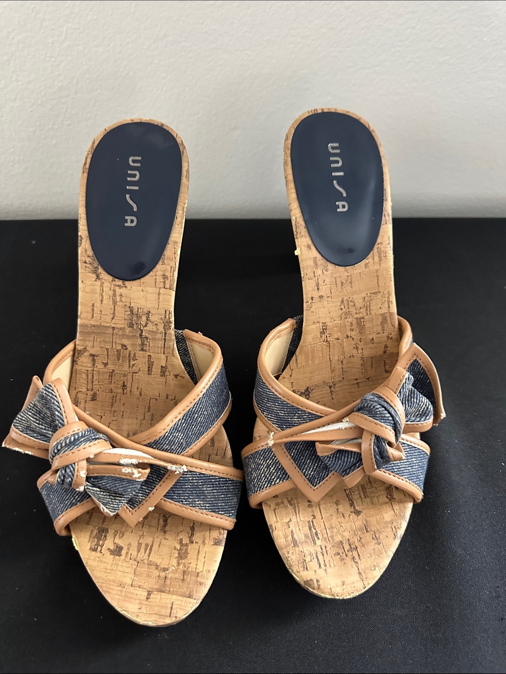 Unisa Blue Denim and Tan Knot Cork Slide Mules